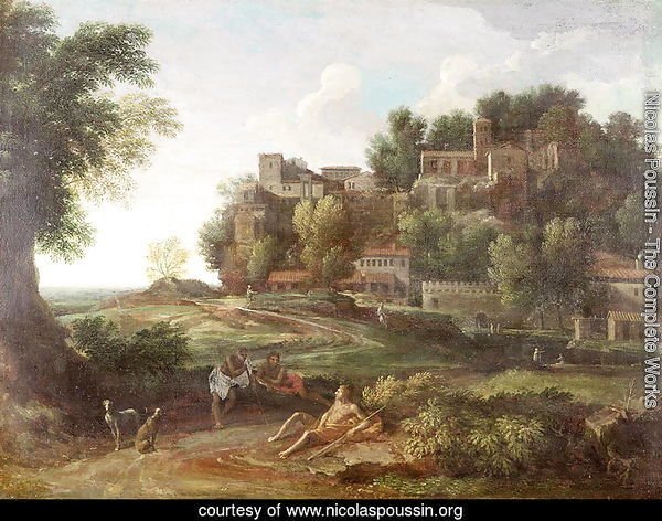 An Italianate wooded landscape with figures resting on a path and a town beyond