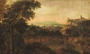 Nicolas Poussin - An extensive classical landscape with travellers near a lake