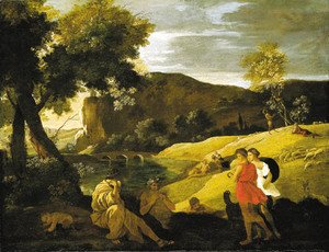 Nicolas Poussin - An Arcadian landscape with stories from the legends of Pan and Bacchus