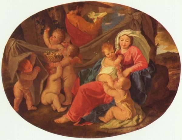 Heilige Familie mit Engeln, Oval by Nicolas Poussin
