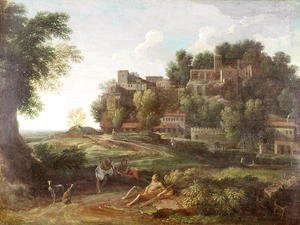 Nicolas Poussin - An Italianate wooded landscape with figures resting on a path and a town beyond
